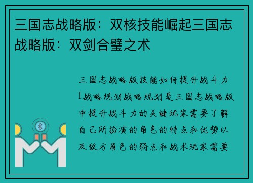 三国志战略版：双核技能崛起三国志战略版：双剑合璧之术